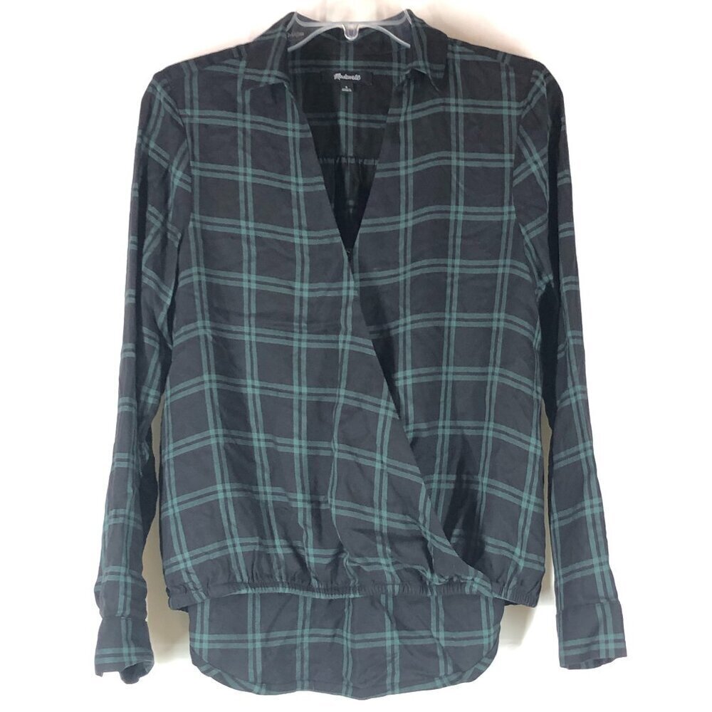 Madewell Blue And Green Plaid Hi-Low V-Neck Top Size S